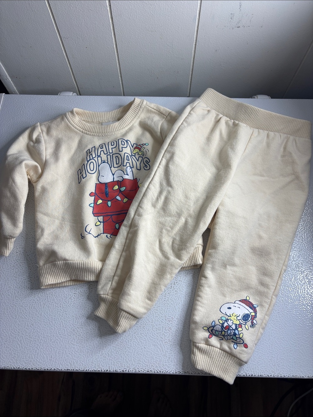 291 - Cream 'Happy Holidays' Snoopy Kids Sweatshirt & Joggers Set